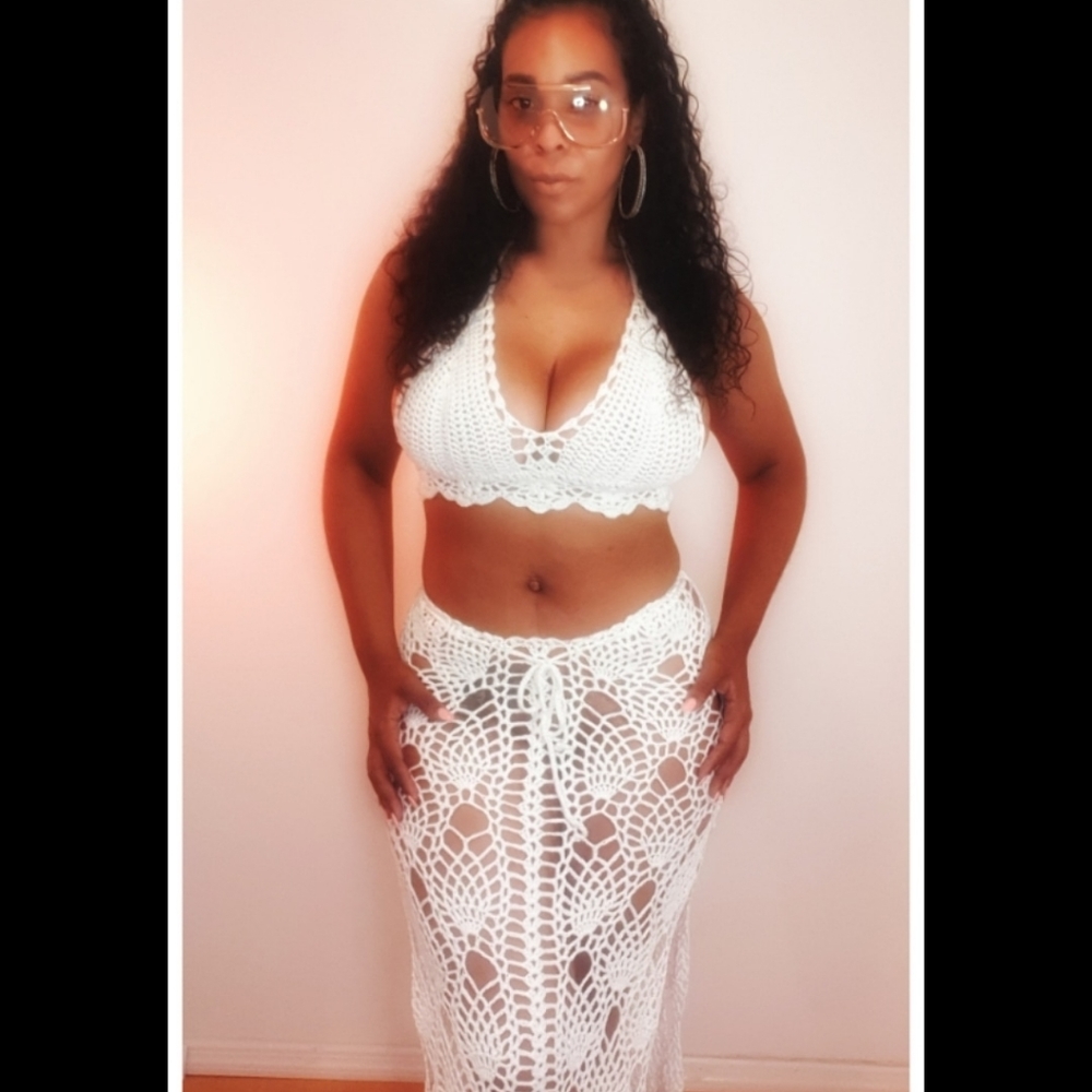 White crochet halter top and skirt